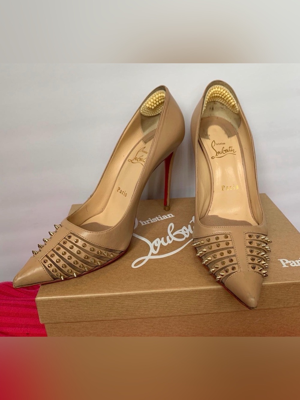 Christian Louboutin Beige Pointed Toe Studded Pumps with Red Soles